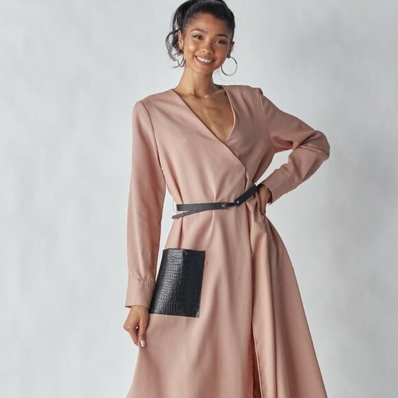 Dresses & Skirts - Belted Midi Dress w/ Faux Leather Pocket and Belt | Long Sleeve